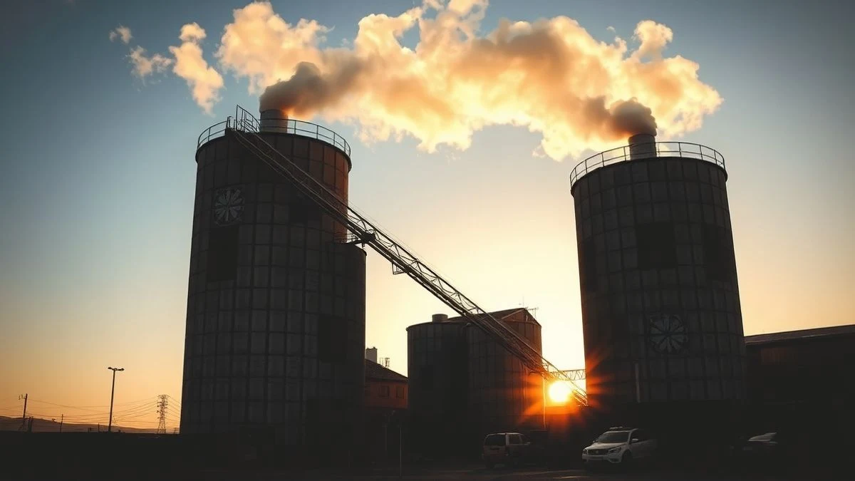 Silo de una fábrica de cemento al atardecer en España