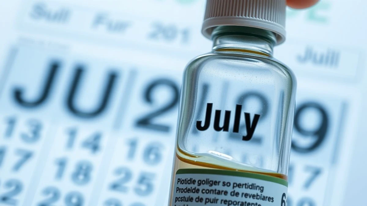 Primer plano de un frasco de colirio oftalmológico con un calendario borroso al fondo