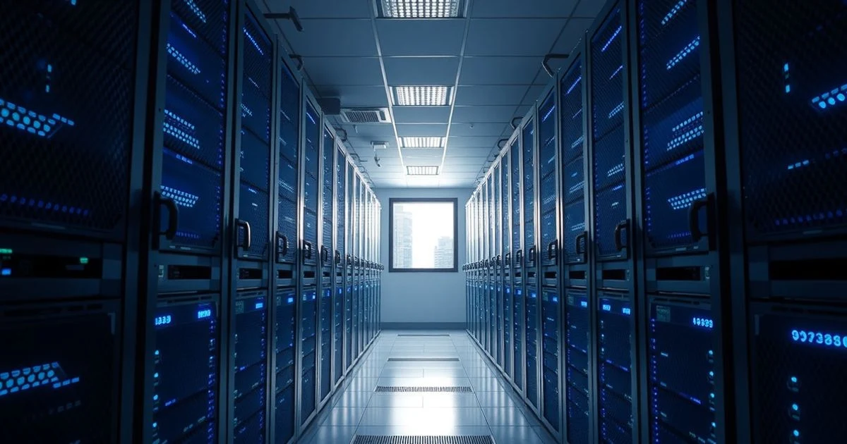 Pasillo de un centro de datos con racks de servidores iluminados en azul, sin personas