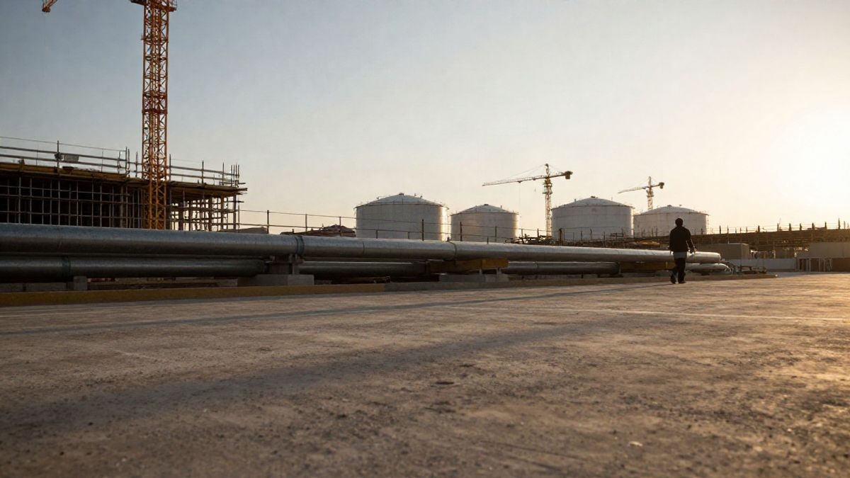 Illustrative image: an energy industrial park under construction at sunset, with pipes and cranes in the background