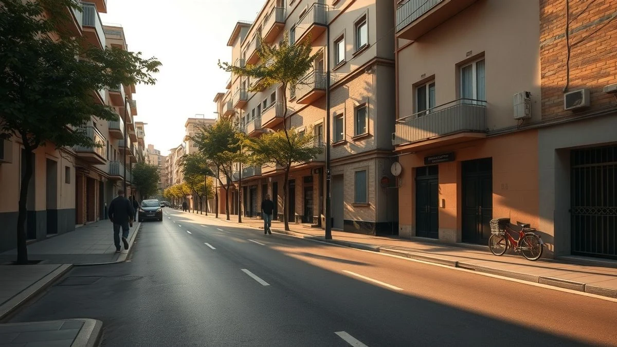 Imagen ilustrativa: calle residencial de un barrio obrero de Madrid con edificios de pisos modestos y árboles, luz de atardecer.