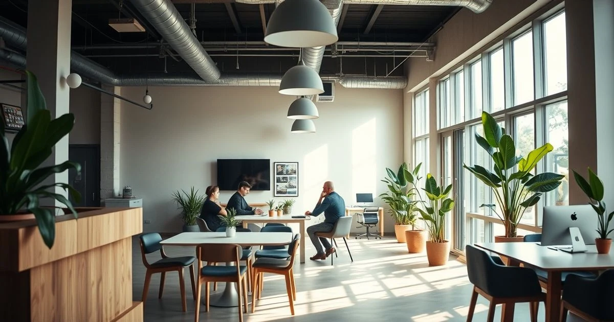 Jóvenes trabajando en equipo en un espacio de coworking moderno con pantallas y pizarras