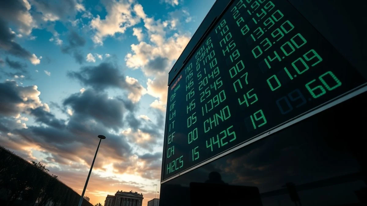 Imagen ilustrativa: panel de cotizaciones bursátiles con números en verde iluminado por la luz del atardecer.