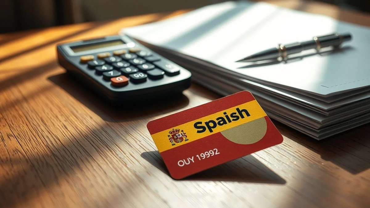 Tarjeta de la Seguridad Social sobre una mesa de madera con una calculadora y documentos