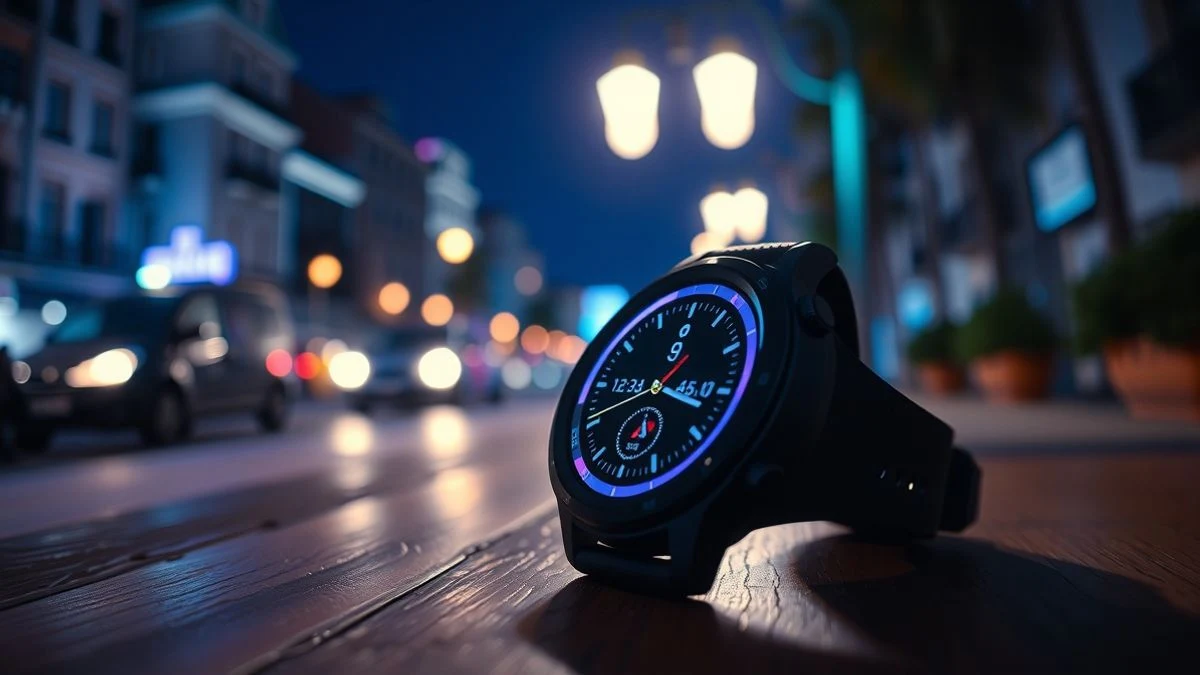 Imagen ilustrativa: un smartwatch con pantalla encendida sobre una mesa de madera, iluminado por luz neón nocturna.
