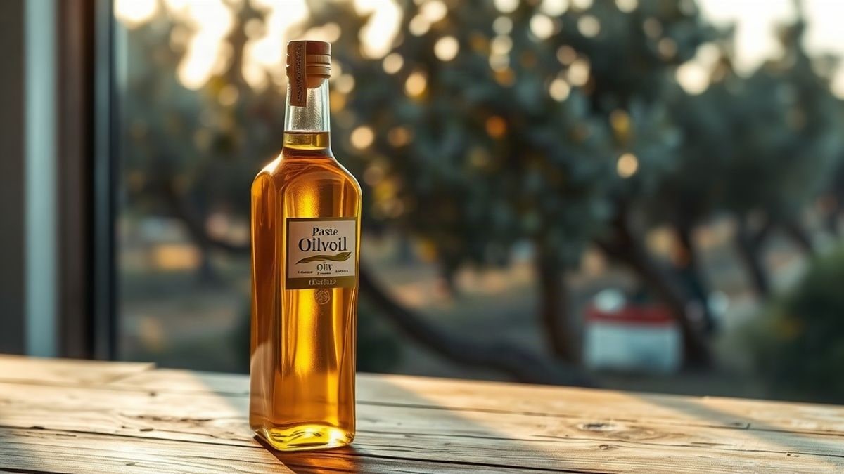 Illustrative image: bottle of extra virgin olive oil on a wooden table with olive grove in the background