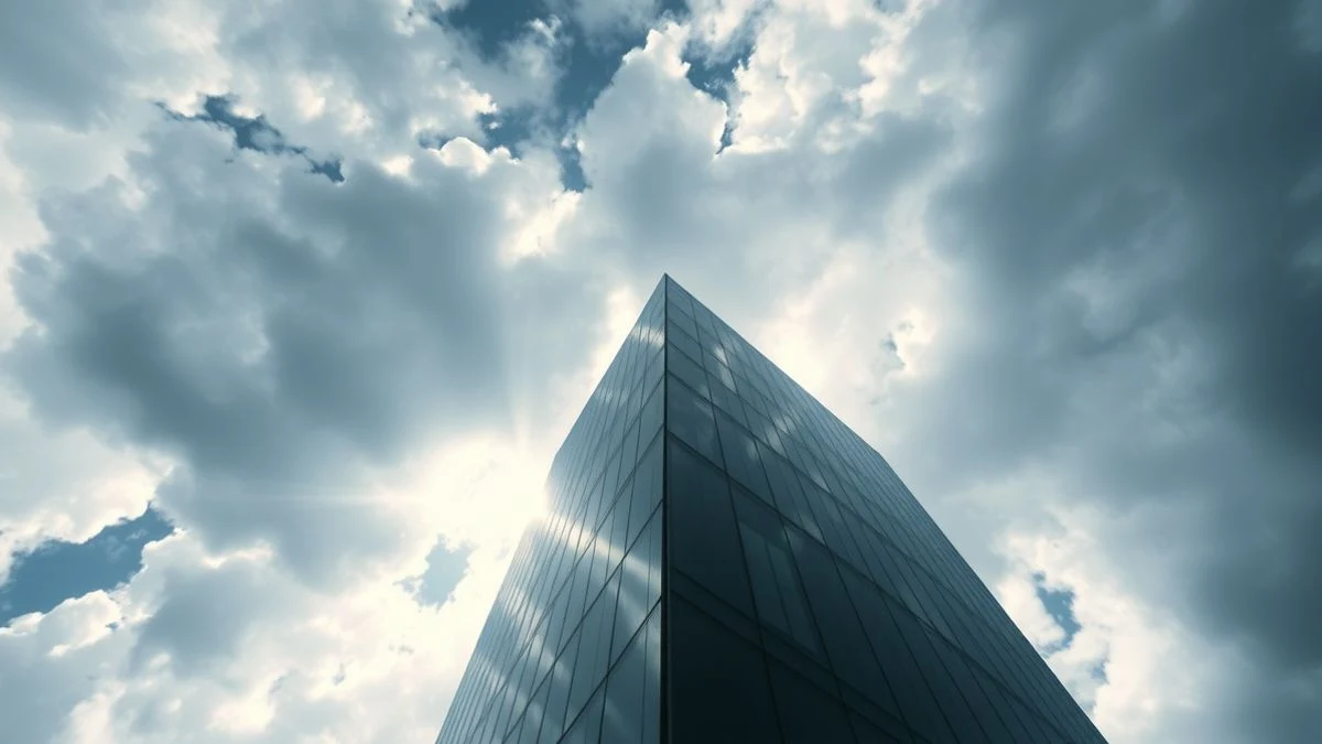 Imagen ilustrativa: vista en ángulo bajo de un rascacielos de cristal contra un cielo nublado y dramático, con rayos de sol.