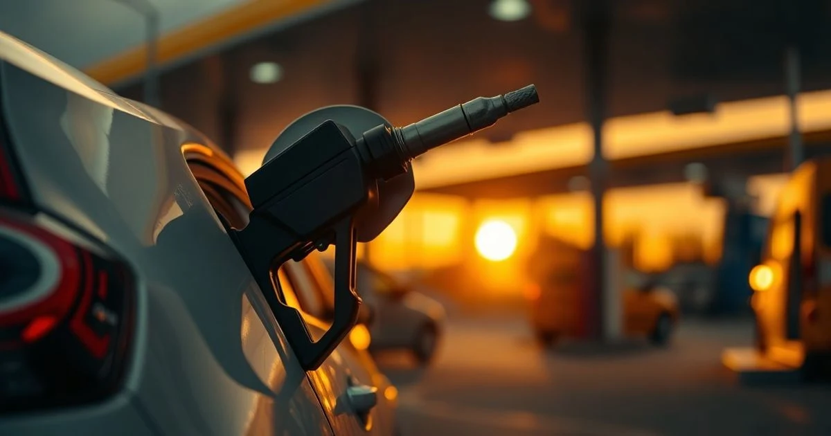 Boquilla de combustible en el depósito de un coche al atardecer en una gasolinera