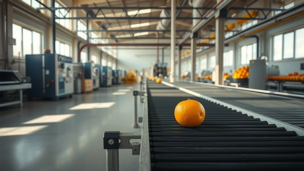 Naranja solitaria en una cinta transportadora en una planta de procesamiento de cítricos vacía