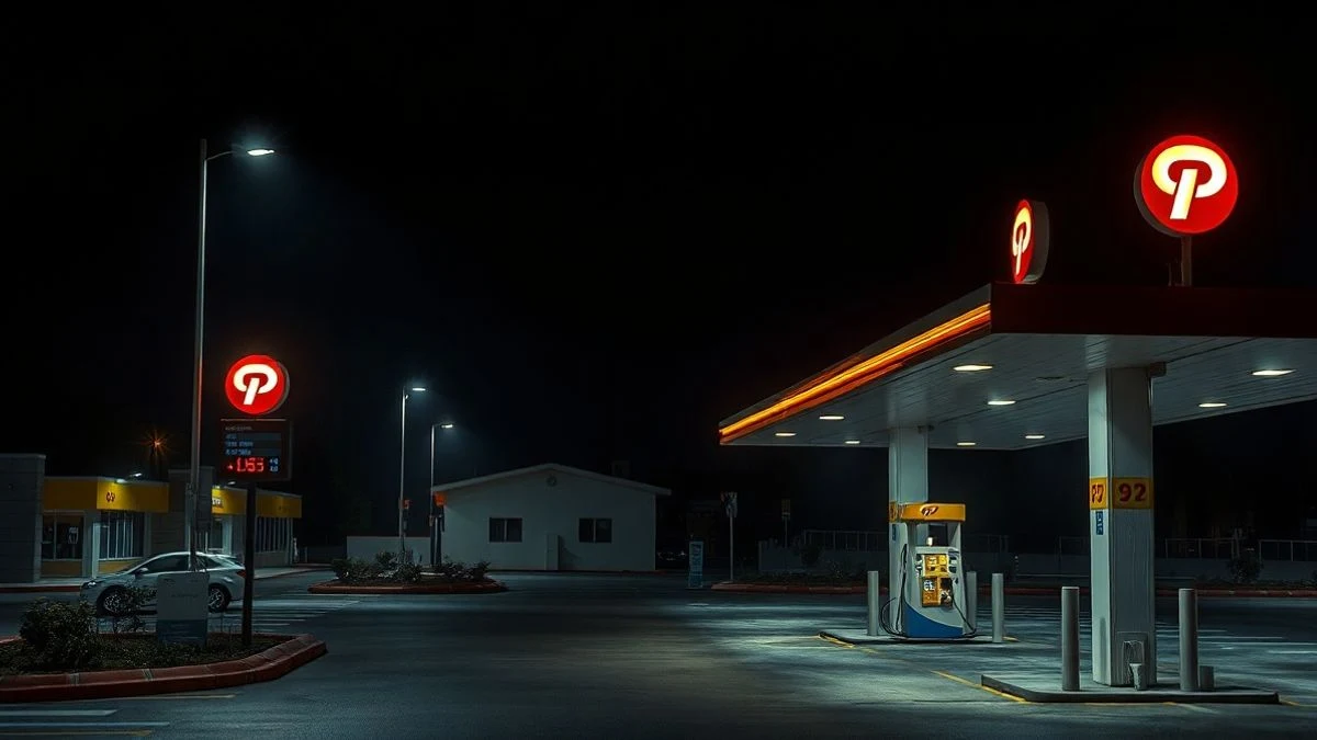Gasolinera de noche con luz de neón y farolas, sin personas