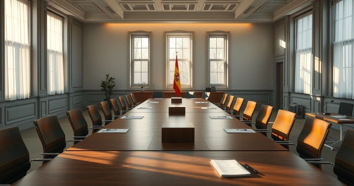 Sala de reuniones gubernamental vacía con mesa larga y bandera de España al fondo