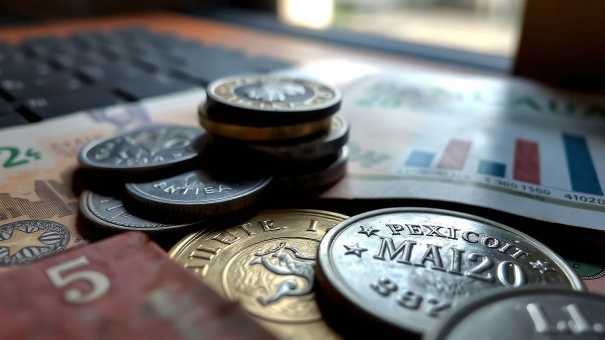 Primer plano de monedas y billetes de pesos mexicanos desgastados sobre una superficie texturizada, con reflejo sutil de un gráfico financiero