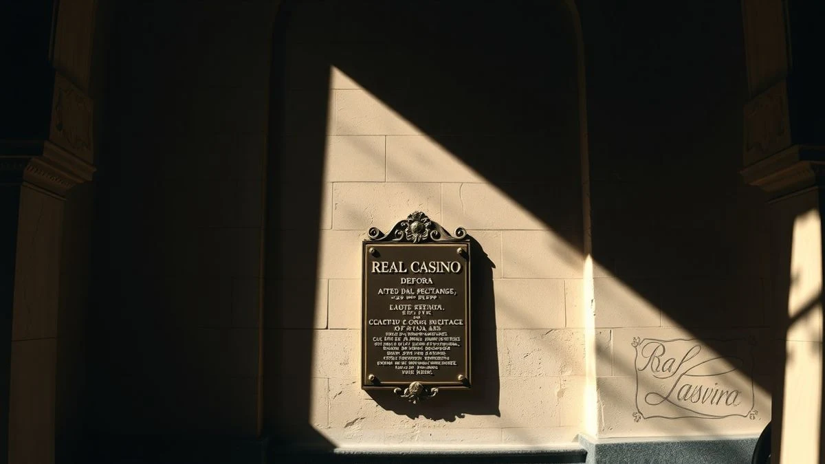 Fachada del Real Casino de Tenerife con placa de bronce, luz natural y fondo desenfocado.
