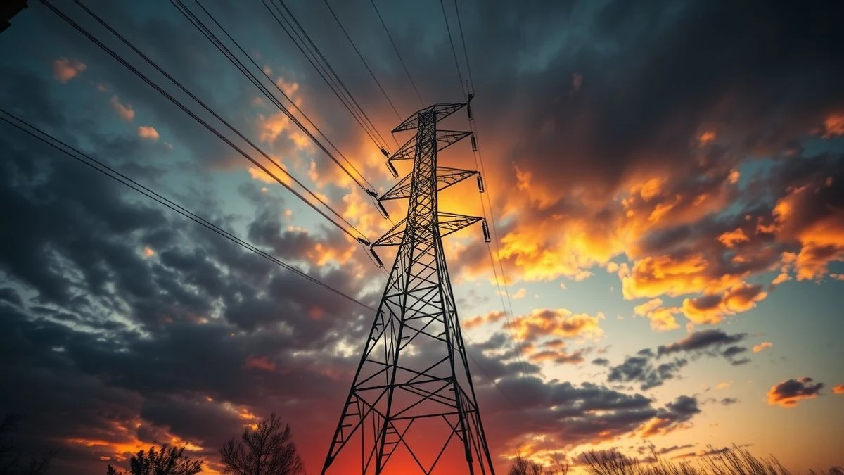 Imagen ilustrativa: un gran torre de alta tensión recortada contra un cielo naranja al atardecer, con cables eléctricos que se extienden hacia el horizonte.
