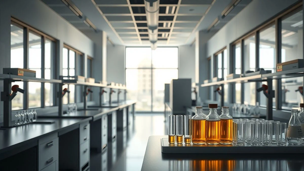Imagen ilustrativa: interior de un laboratorio farmacéutico moderno con viales de vidrio en una encimera