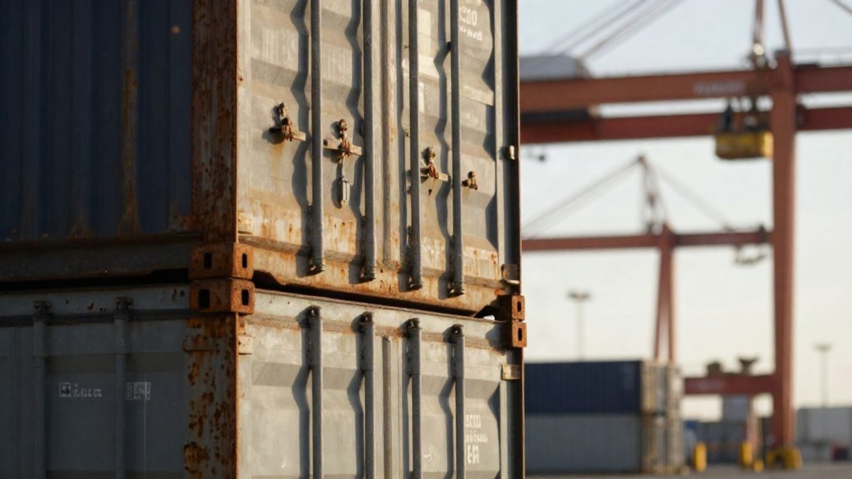 Imagen ilustrativa: primer plano de contenedores apilados en un puerto con grúa al fondo