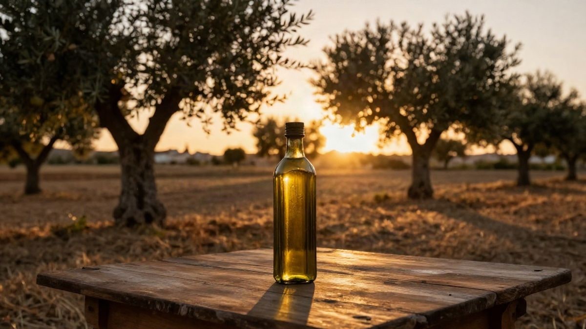 Illustrative image: bottle of olive oil on rustic table with olive trees in the background against the sunset