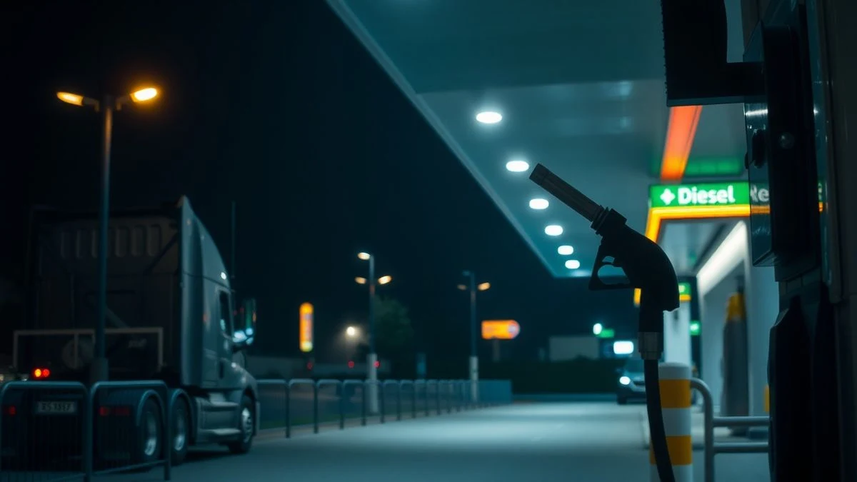 Imagen ilustrativa: surtidor de gasoil iluminado por farolas y neón por la noche, sin personas visibles