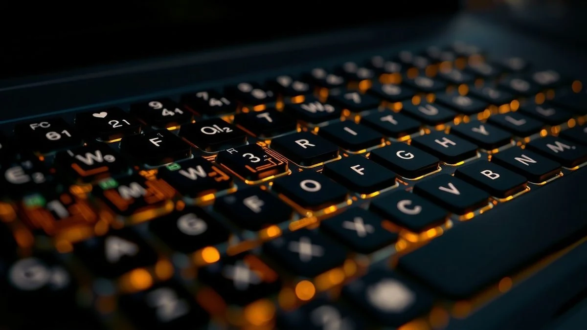 Primer plano de un teclado de ordenador con circuitos iluminados que simbolizan código e inteligencia artificial