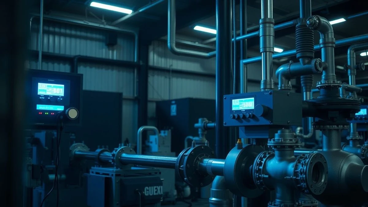 Estación de compresión de hidrógeno iluminada con luz artificial en un entorno industrial nocturno