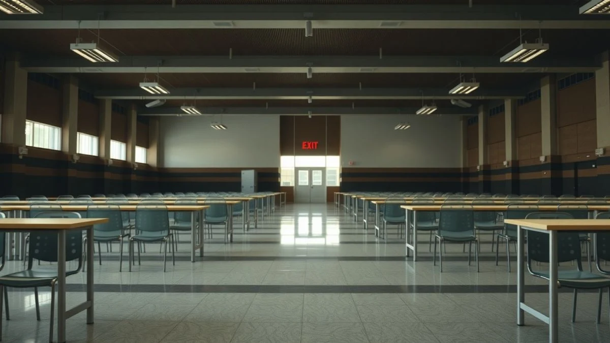 Salón de ferias de empleo vacío con mesas y sillas en fila, luz natural dramática