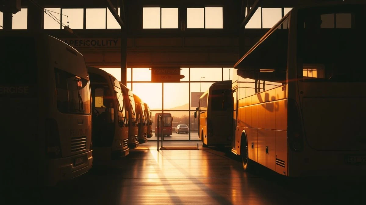 Depósito de autobuses eléctricos de la EMT al atardecer, con siluetas de vehículos y sombras largas en el suelo