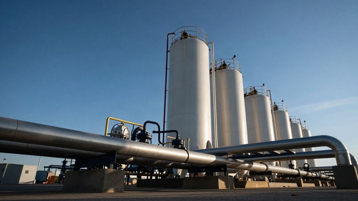 Illustrative image: green hydrogen production plant with pipes and tanks under a clear sky