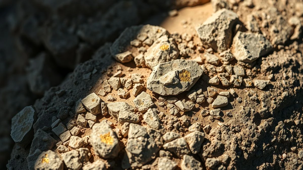 Primer plano de rocas minerales con vetas de oro y plata, textura rugosa, luz natural con sombras