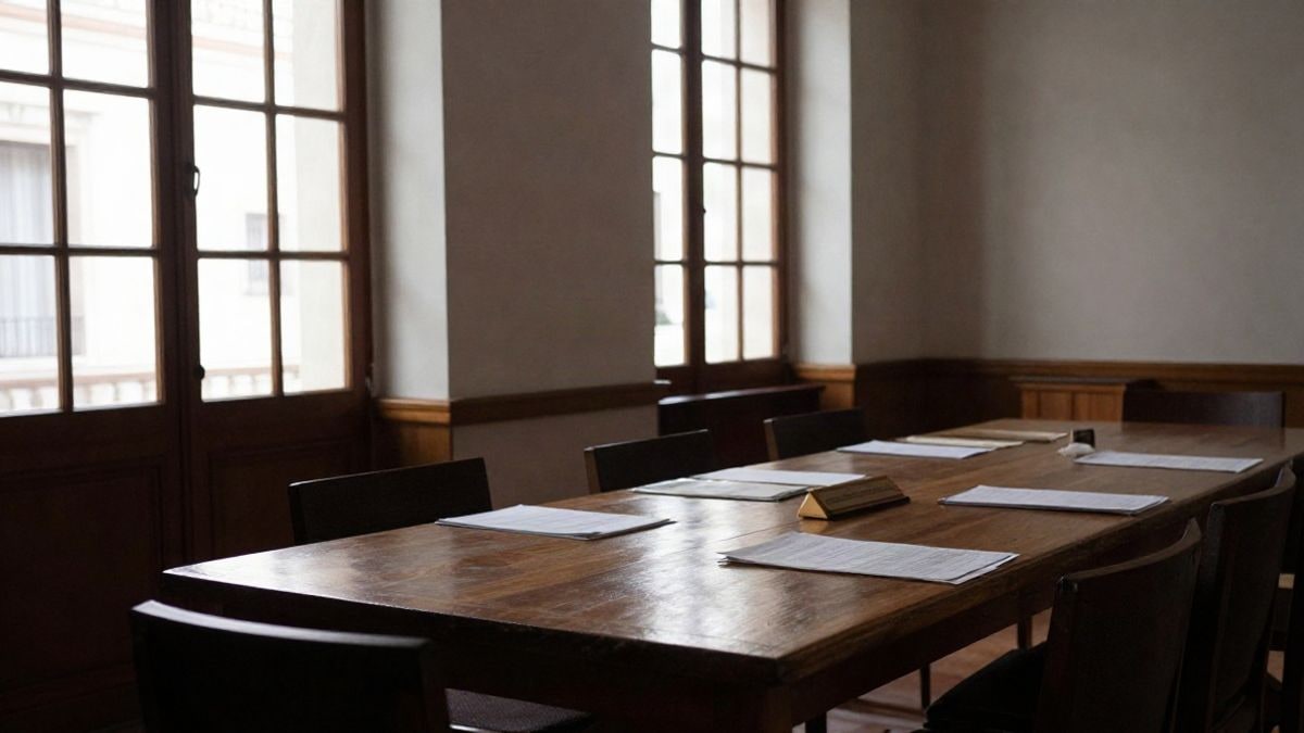 Illustrative image: historic meeting room with side light and a commemorative plaque on the table