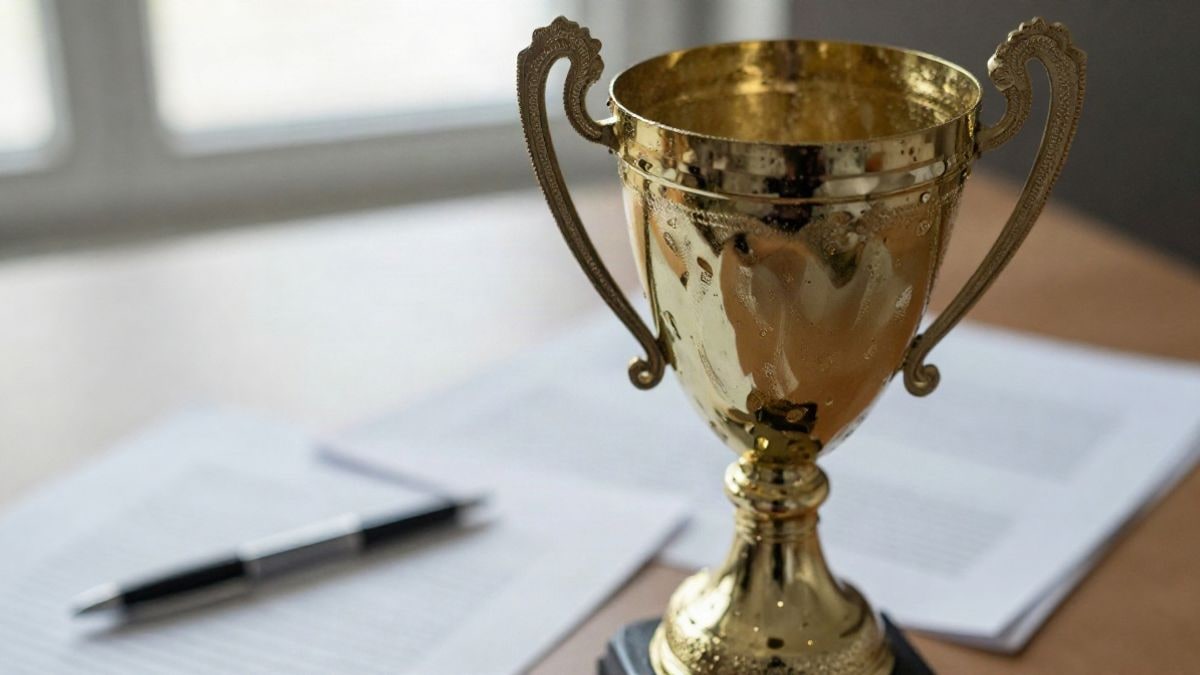 Imagen ilustrativa: un trofeo dorado sobre una mesa junto a documentos y un bolígrafo
