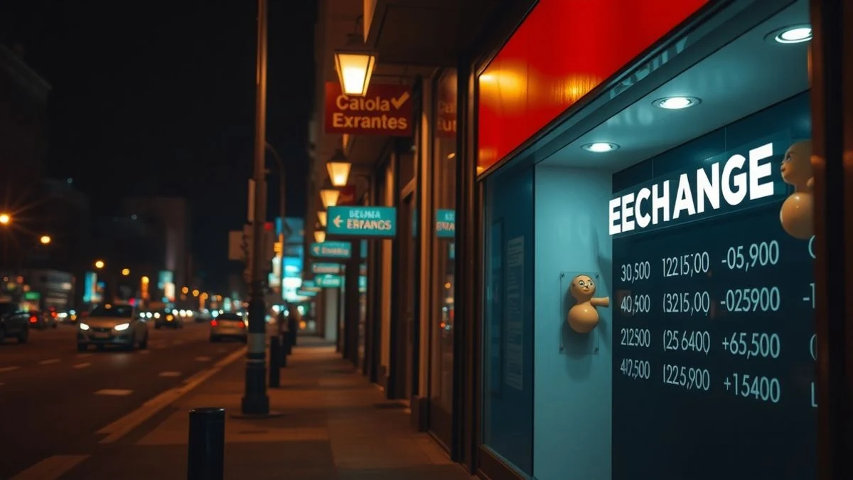 Imagen ilustrativa: una calle nocturna de Buenos Aires con farolas y un cartel de cambio de divisas iluminado, sin personas visibles.
