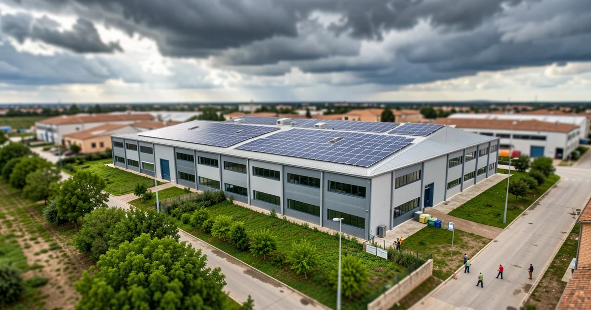 Vista aérea de un edificio cooperativo moderno en el País Vasco con paneles solares y zona verde