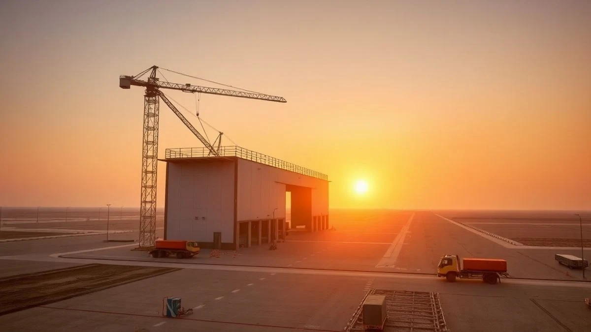 Vista aérea de una nave logística en construcción en el Puerto Seco de Antequera al atardecer