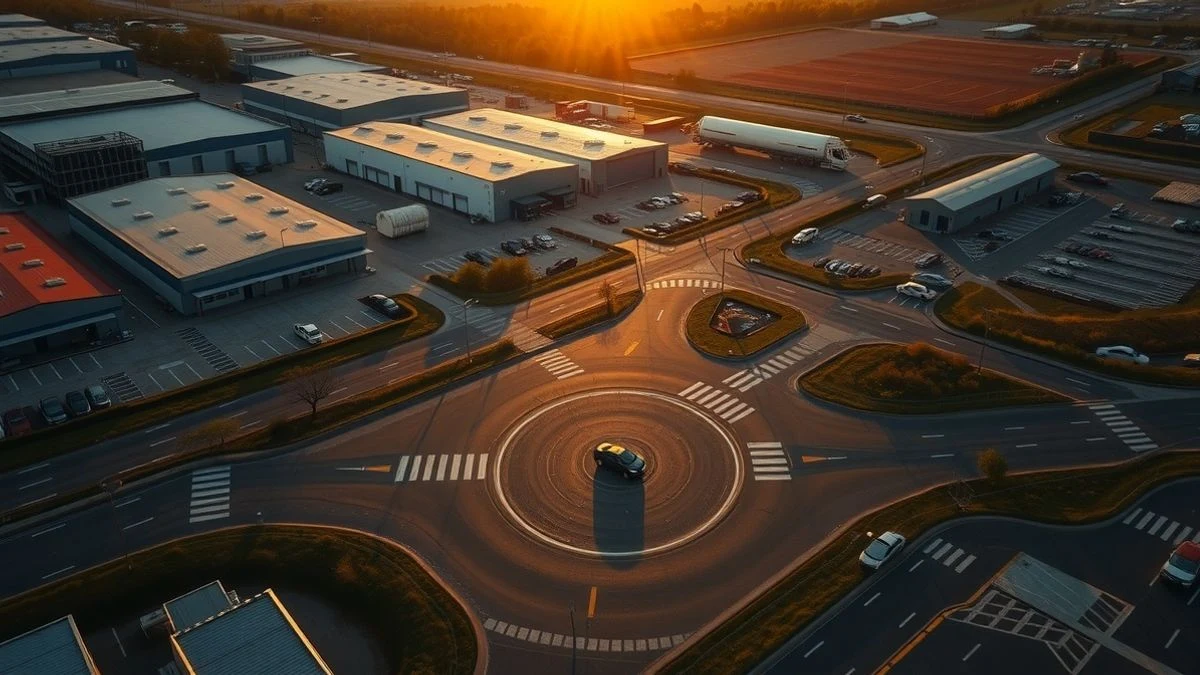 Vista aérea del polígono industrial Guadalhorce al atardecer con un coche circulando por una rotonda vacía