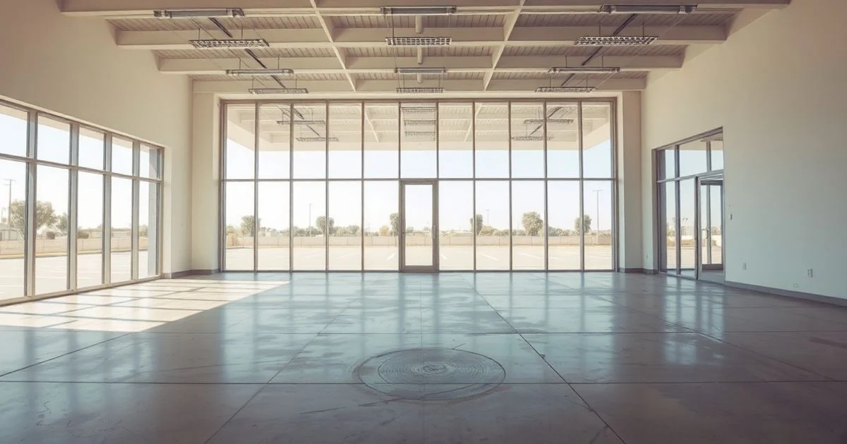 Interior vacío de un local comercial diáfano en un parque empresarial español, con grandes ventanales y luz natural.