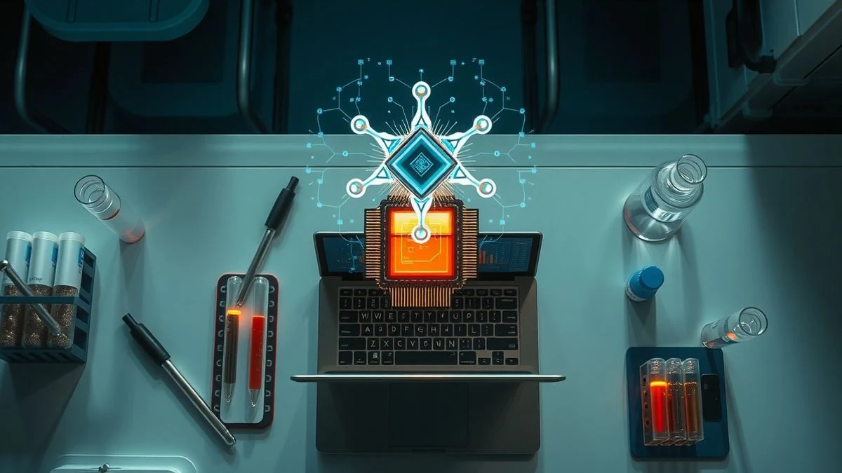 Vista cenital de un laboratorio con microchip, holograma molecular y ordenador portátil