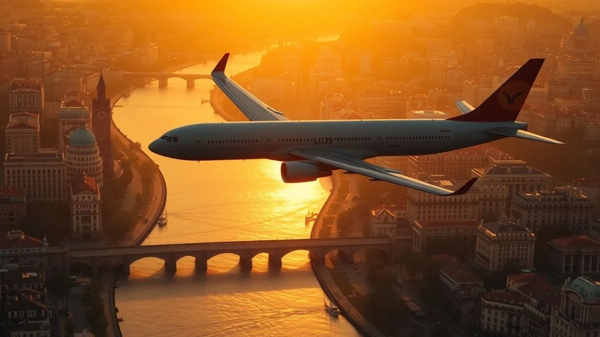 Imagen ilustrativa: vista aérea de un avión comercial volando sobre una ciudad española genérica al atardecer