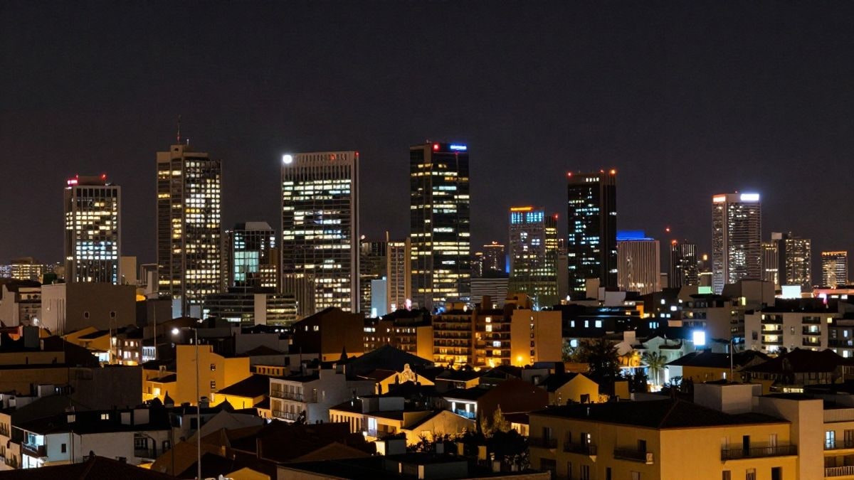 Illustrative image: night view of a financial district lit up, with artificial and neon lights, representing the dynamics of the crypto market.