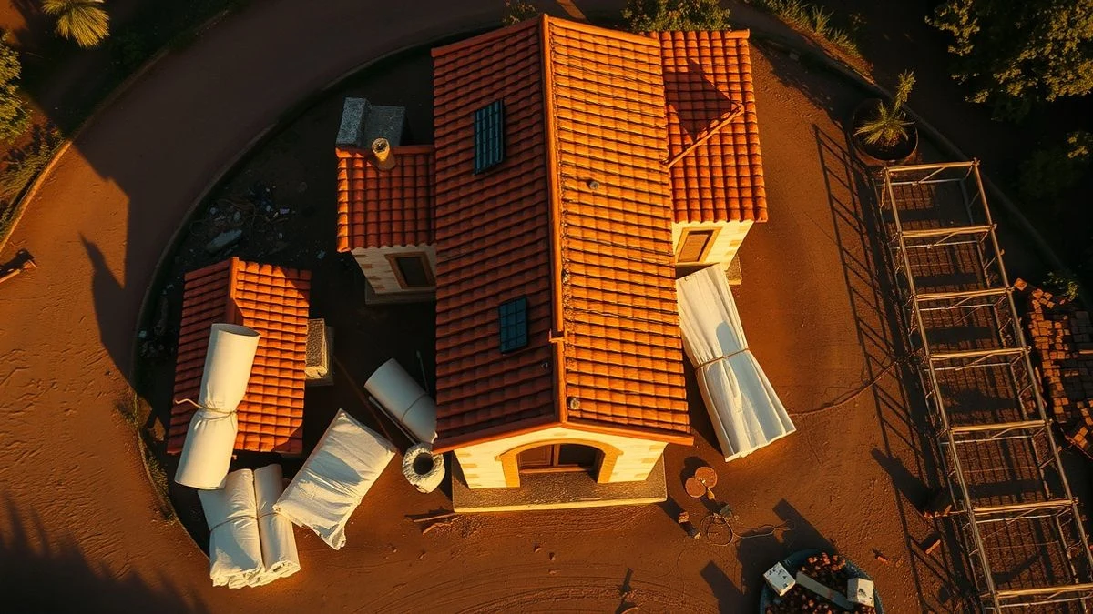 Imagen ilustrativa: vista cenital de una capilla rural con materiales de construcción y andamios, en un entorno árido al atardecer