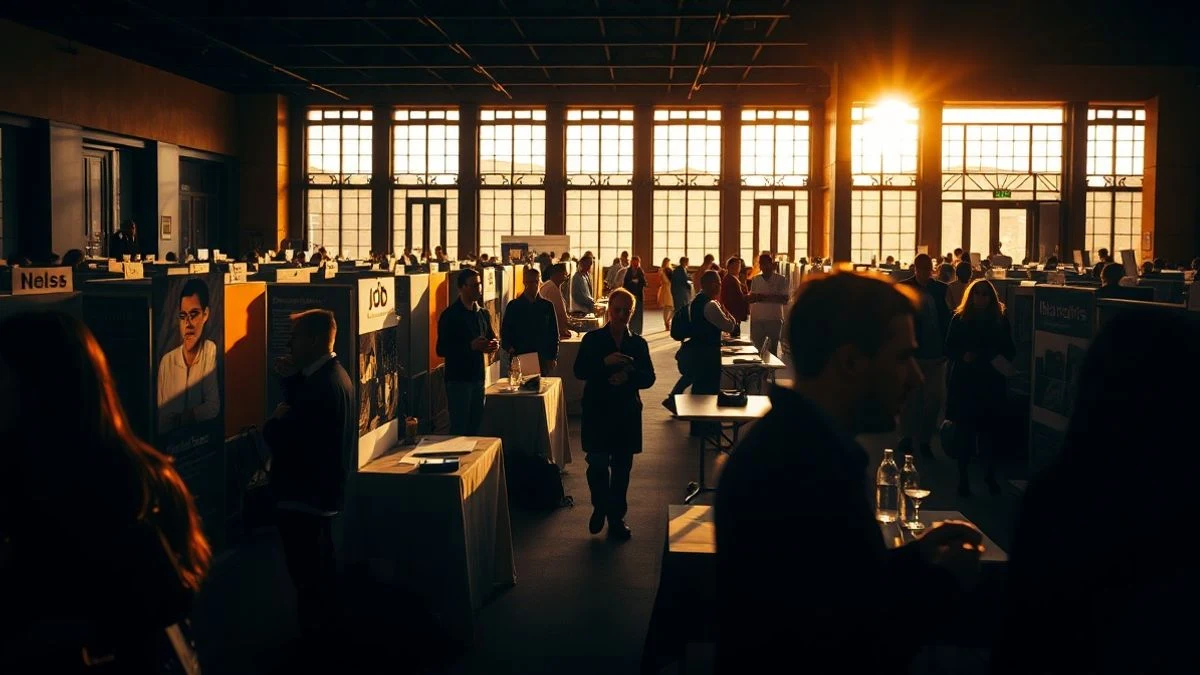 Imagen ilustrativa: un salón de actos con stands de empresas y asistentes de espaldas, iluminado por luz natural que crea siluetas y sombras largas.