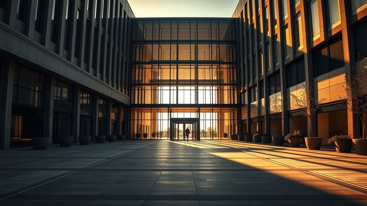 Imagen ilustrativa: fachada de un edificio de oficinas moderno con líneas arquitectónicas convergentes al atardecer