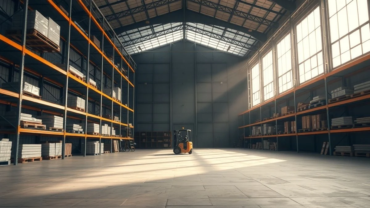 Interior de un almacén logístico vacío con estanterías altas y una carretilla elevadora al fondo, iluminado por luz natural que entra por una ventana alta