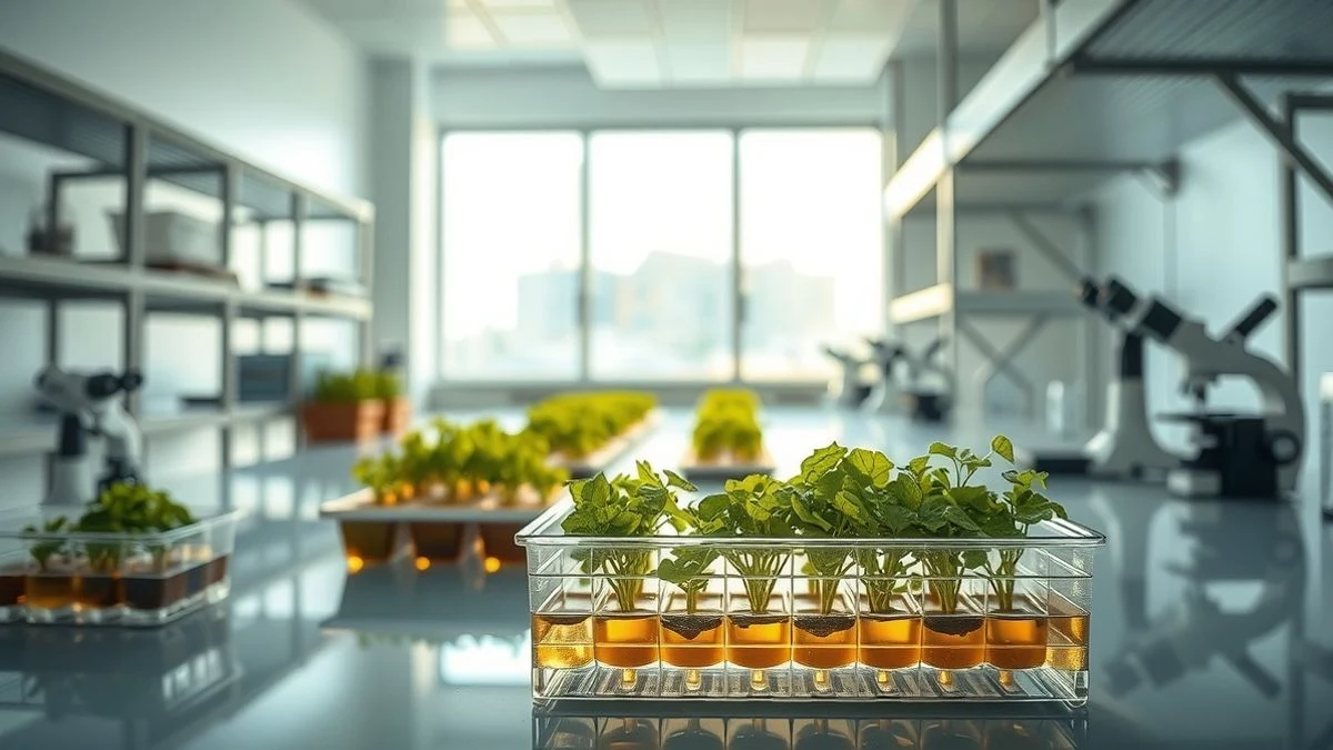 Imagen ilustrativa: interior de un laboratorio con plantas en macetas y una placa de Petri con brotes verdes, iluminado por luz natural lateral.