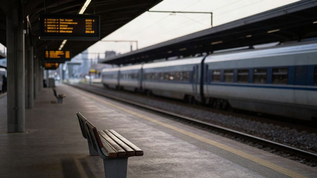 Illustrative image: train station platform with a bench and a departure board in the background, lit at sunset