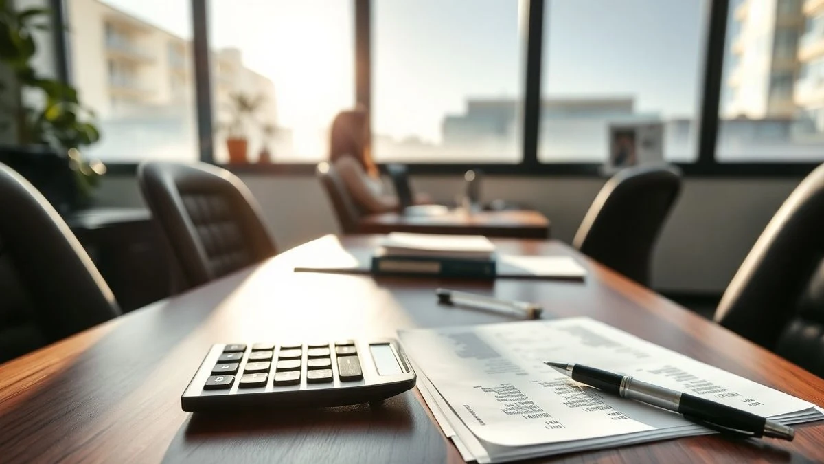 Imagen ilustrativa: escritorio de oficina con documentos financieros, calculadora y bolígrafo junto a una ventana con luz natural.