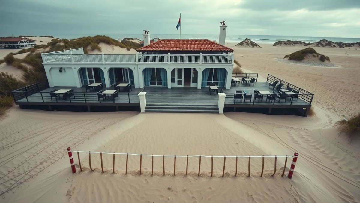 Imagen ilustrativa: vista cenital de un parador en la playa con un camino de arena bloqueado, mesas y sillas vacías en una terraza de madera, dunas costeras al fondo, cielo nublado