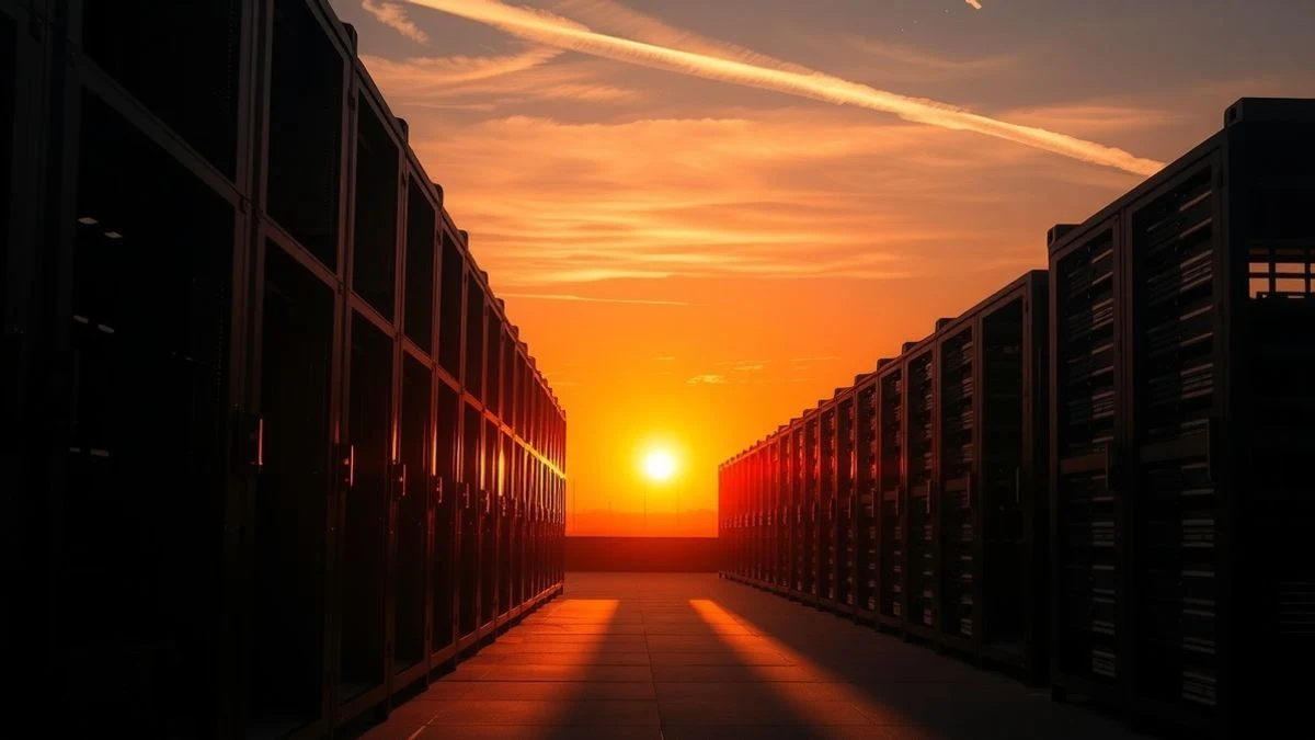 Silueta de un centro de datos al atardecer con sombras largas y estelas en el cielo