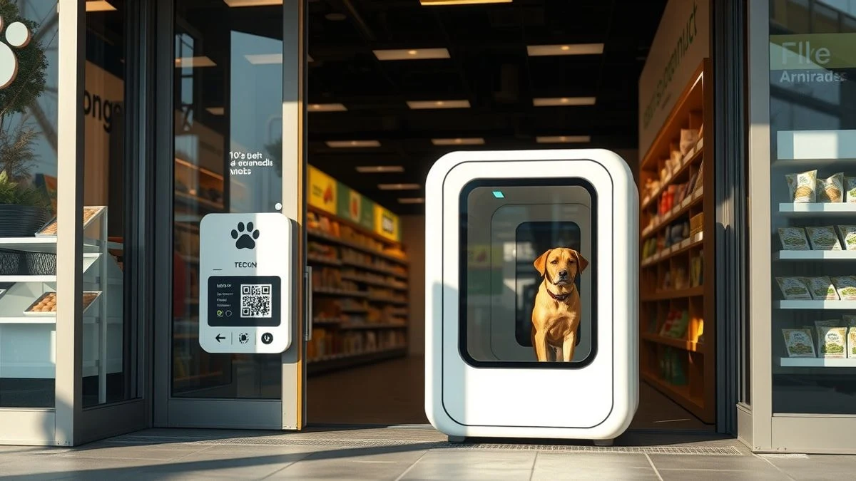 Cabina inteligente para perros en la entrada de un supermercado alemán, con un perro visible en su interior