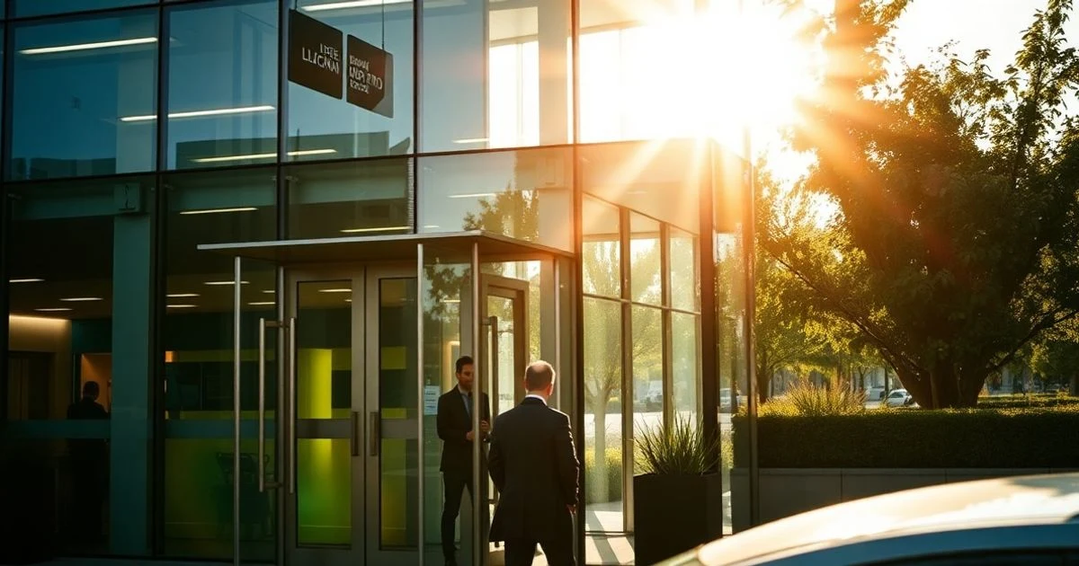 Fachada de un edificio de oficinas con personas esperando fuera, luz natural