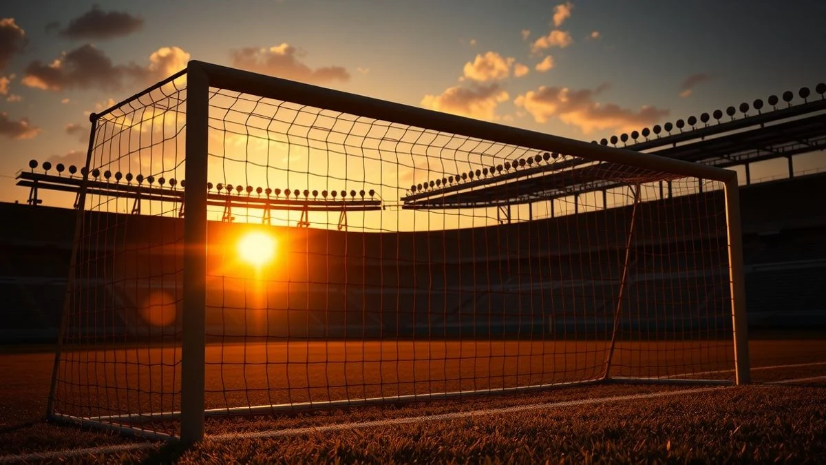 Portería de fútbol vacía al atardecer con sombras largas en el césped